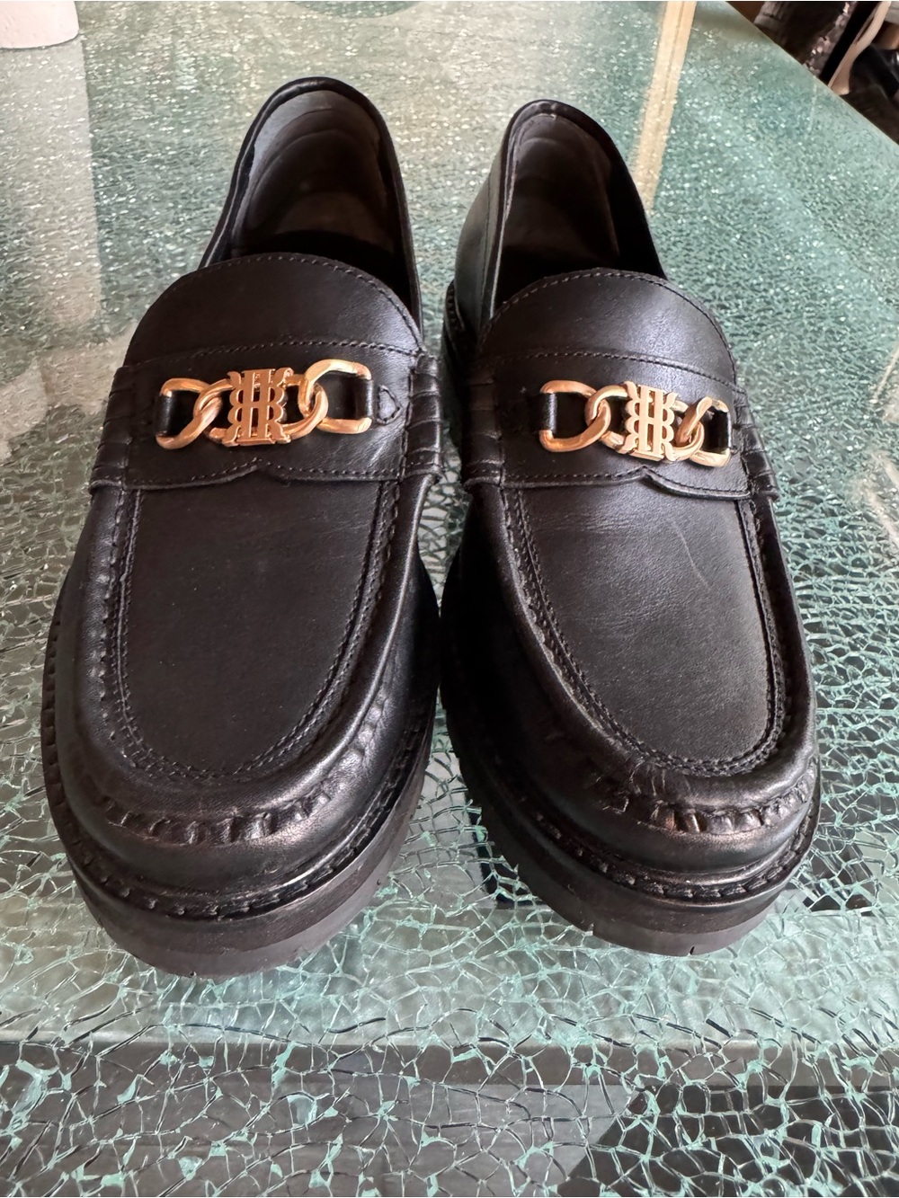 Reiss women Black Leather Slip-On Loafers with Gold Tone Hardware 7